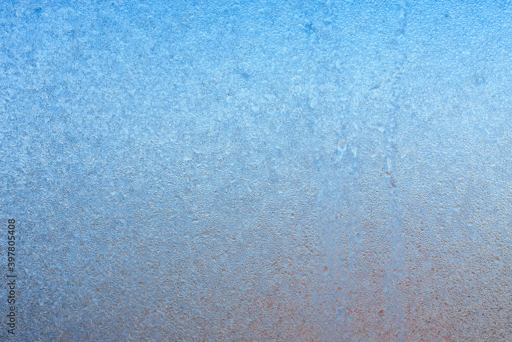 Obraz premium Beautiful natural background or texture of frozen transparent glass on the window in winter, strong cold concept, horizontal image, copy space for your design or text