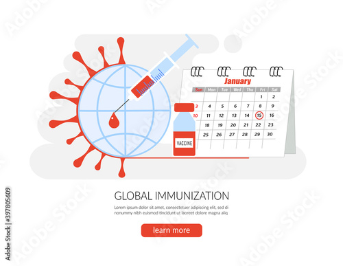 Vaccination concept. Landing page template, banner, icon. Modern, global immunization concept for web design with syringe, vaccine, bottle, antibodies and virus. Flat vector illustration