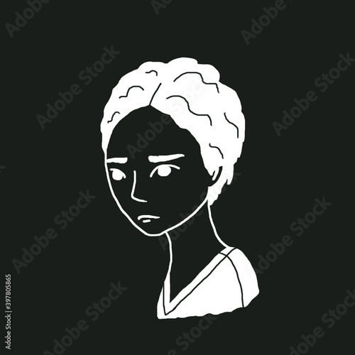 illustration of head. sad white girl on a black background. Black and white drawing of a girl. Young woman with short hair.