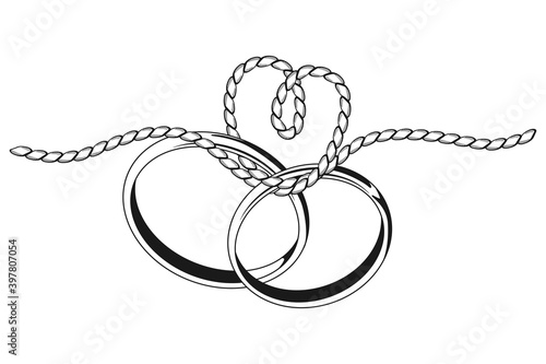 Tying the knot wedding vector black silhouette with two ring and rope isolated on a white background.