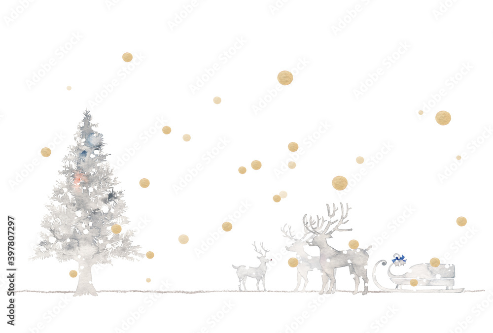 銀色のクリスマス、もみの木とトナカイと金色の雪