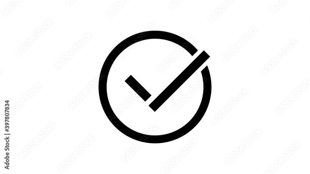 black animated check mark in a circle on a white background. Stock