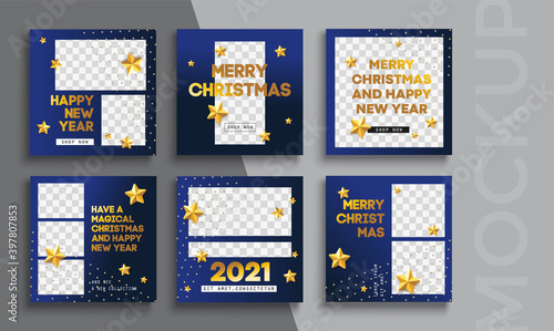 Merry Christmas and New Year banner editable template. Set of social media mobile app for shopping  sale  product promotion. 