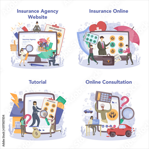 Insurance agent online service or platform set. Idea of security