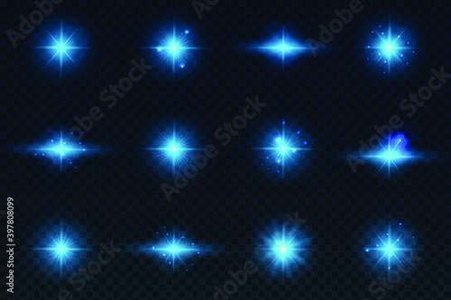 A set of light effects. Glowing stars on a transparent background. Christmas and New Year light effect with magic particles. Vector illustration