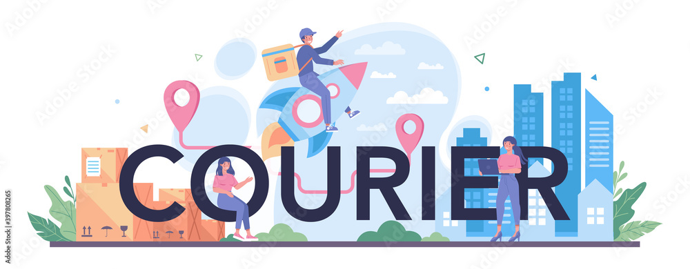 Courier typographic header. Delivery person in uniform with box