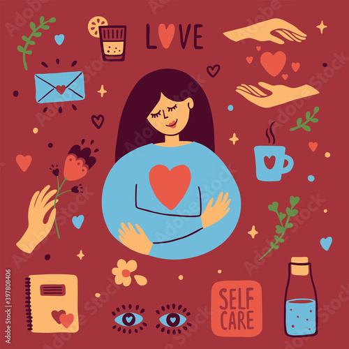 Set of self care vector icons on dark background. Girl hugging herself. Female hand holding flower. Bottle of water, diary, cup of tea, love, hearts sticker. Woman eyes. Body positive illustration