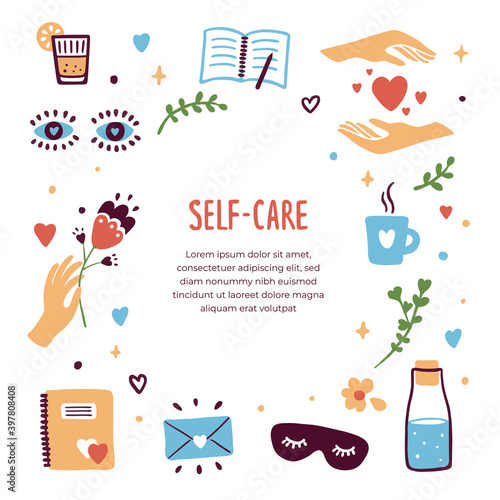 Self care template, isolated vector icons and text. Love yourself, relax concept. Diary, letter, sleeping mask, female hands with flower, hearts, bottle of water. Stickers, blog mockup, illustration