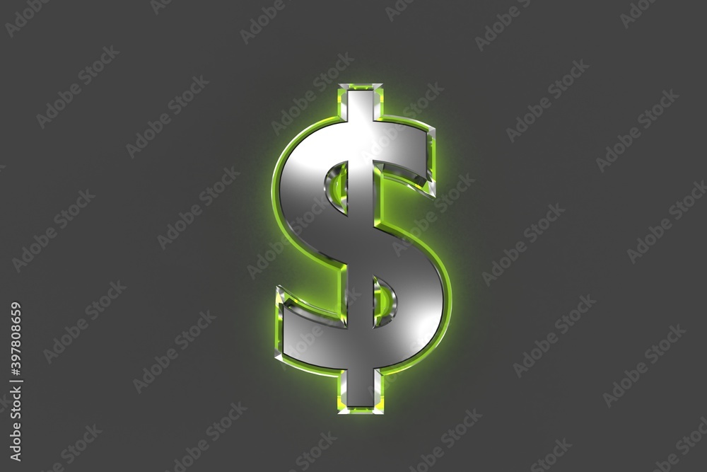 Grey brassy font with green shine glassy outline - dollar - peso sign isolated on grey, 3D illustration of symbols Grey brassy font with green shine glassy outline - dollar - peso sign isolated on grey, 3D illustration of symbols