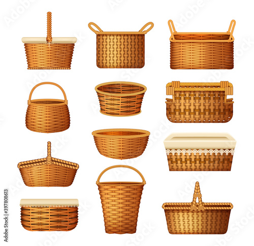 Realistic wicker basket set. Handcraft decorative basketry picnic containers. Empty wicker basket for Easter holiday, picnic, home decoration vector