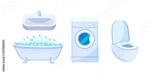Bathroom with bath accessories. Sink with mixer, bathtub with water bubbles, washing machine, toilet. Household appliances for apartments and cottages, houses cartoon vector