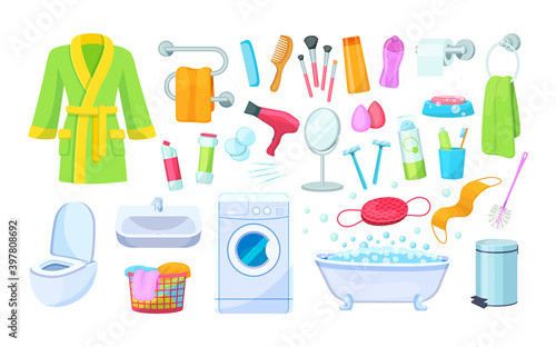 Bathroom with bath accessories furniture bathtub sink shampoo toilet washing machine towel soap bathrobe heated towel rail. Hygiene products, bodycare, housewife accessories