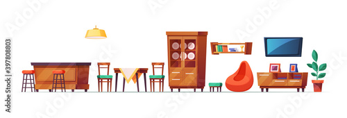 Living room furniture cartoon. Furniture for home interior decor, cozy living room and kitchen. Wooden wardrobe, windows with curtains, armchair, pillows, sofa, bar counter, shelf with books