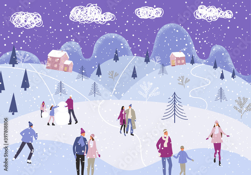 New Year's atmosphere in the city, people walk in the New Year's time, skate, mold a snowman. Illustration for the New Year and Christmas. Vector illustration