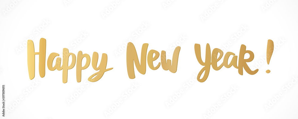 Fototapeta premium Banner with Happy New Year hand drawn text. Golden letters on white background. Holiday typography for Christmas and winter season headers, party posters, greeting cards. Vector.