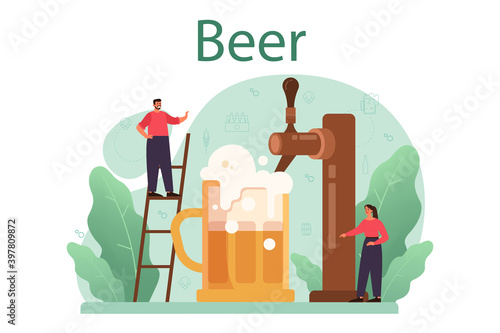 Beer concept. Glass bottle and vintage mug with craft alcohol