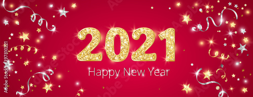 New year banner with decoration. 2021 gold glitter numbers. Falling confetti ribbons and stars. Gold and silver frame. For Christmas and winter holiday headers, party flyers. Vector illustration.