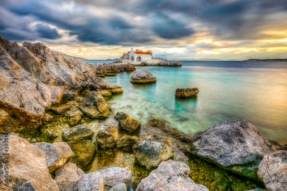 Small chapel view near Aegean Sea in Chios Island of Greece