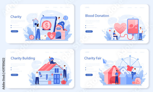 Charity web banner or landing page set. People or volunteer donate