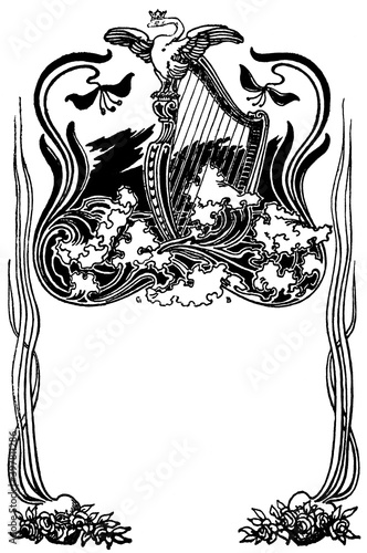 Book frontispiece - is a decorative or informative illustration facing a book. Illustration of the 19th century. Germany. White background.