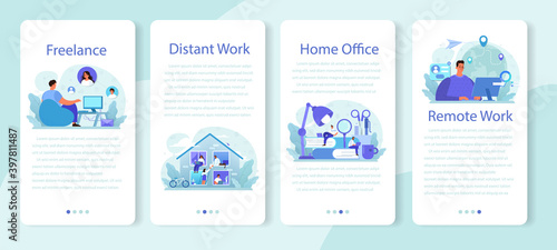 Freelance mobile application banner set. People working remotely
