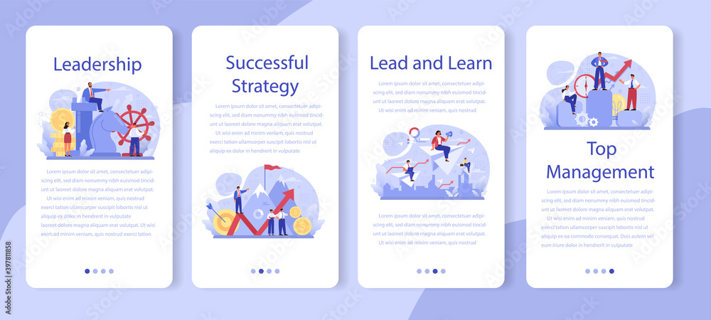 Leadership mobile application banner set. Manager leading a workteam. Strategy