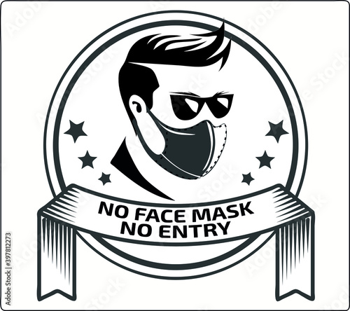 Barber shop Warning for men without a mask do not enter. A brutal hipster with hairstyle in a mask from the coronavirus COVID-19