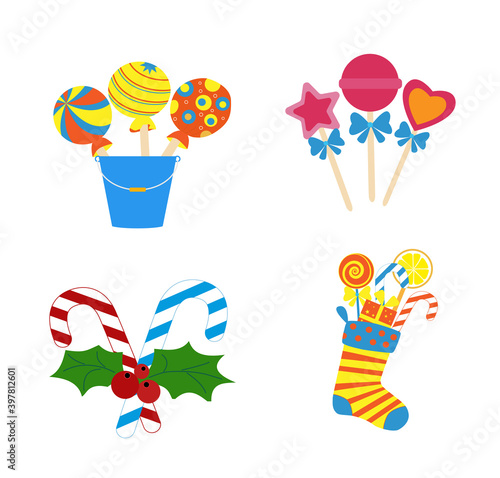 Christmas sweets set. Candy, lollipops in the long Christmas sock. Flat vector illustration, isolated ibjects. photo