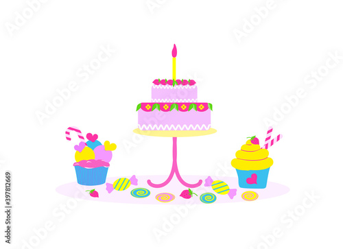 Sweets, cupcakes and cake with lemon peels birthday sweets and decoration. Flat vector illustration, isolated objects.