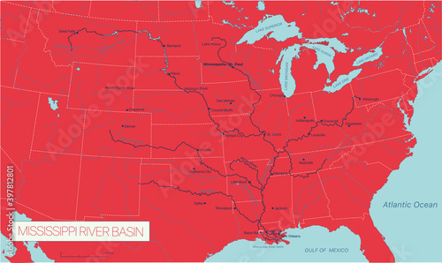 Mississippi River Basin in the USA detailed editable vector map, trending color scheme