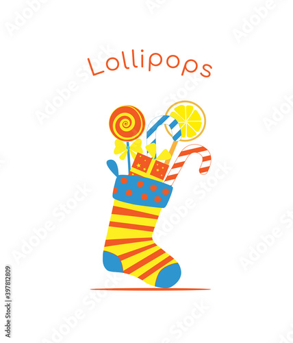 Candy, lollipops in the long Christmas sock. Flat vector illustration, isolated ibjects. photo