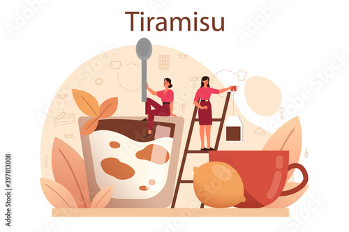 Tiramisu dessert. People cooking delicious italian cake. Sweet slice