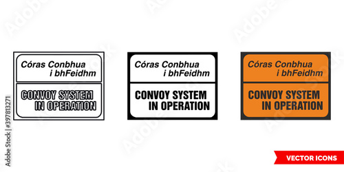 Convoy system in operation roadworks sign icon of 3 types color, black and white, outline. Isolated vector sign symbol.