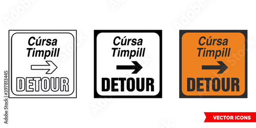 Detour Right roadworks sign icon of 3 types color, black and white, outline. Isolated vector sign symbol.