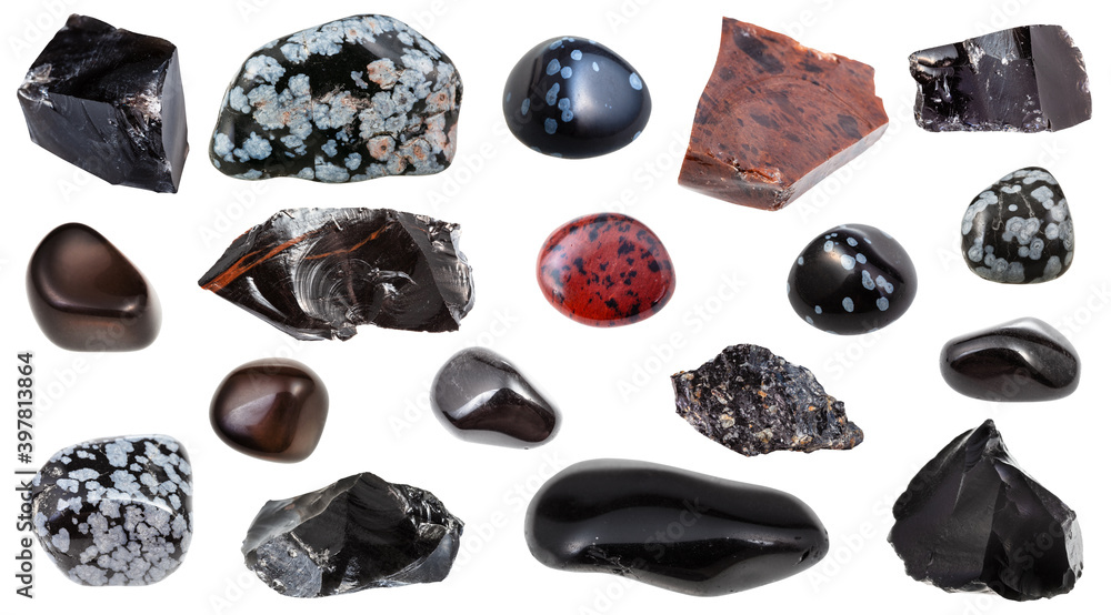 set of various Obsidian (volcanic glass) natural mineral gem stones and samples of rock isolated on white background set of various Obsidian (volcanic glass) natural mineral gem stones and samples of rock isolated on white background