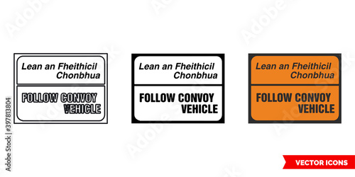 Follow convoy vehicle roadworks sign icon of 3 types color, black and white, outline. Isolated vector sign symbol.