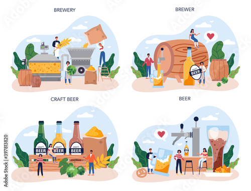 Beer concept set. Craft beer production, brewing process.