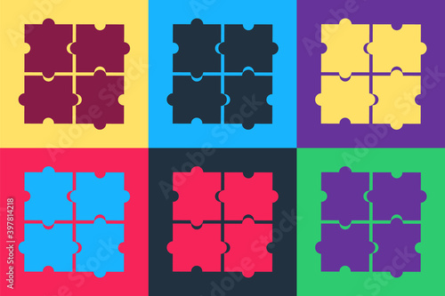 Pop art Piece of puzzle icon isolated on color background. Business, marketing, finance, template, layout, infographics, internet concept. Vector.
