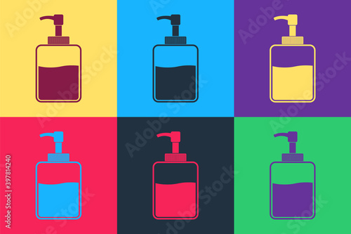 Pop art Hand sanitizer bottle icon isolated on color background. Disinfection concept. Washing gel. Alcohol bottle for hygiene. Vector.