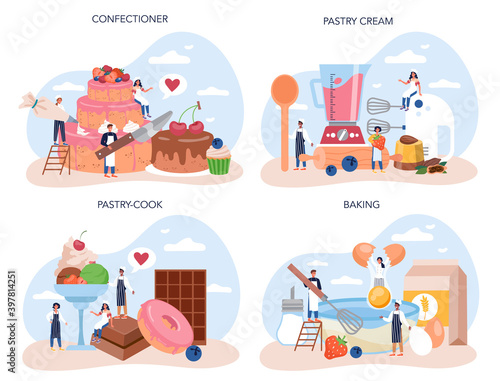Confectioner set. Professional confectioner chef. Sweet baker cooking pie