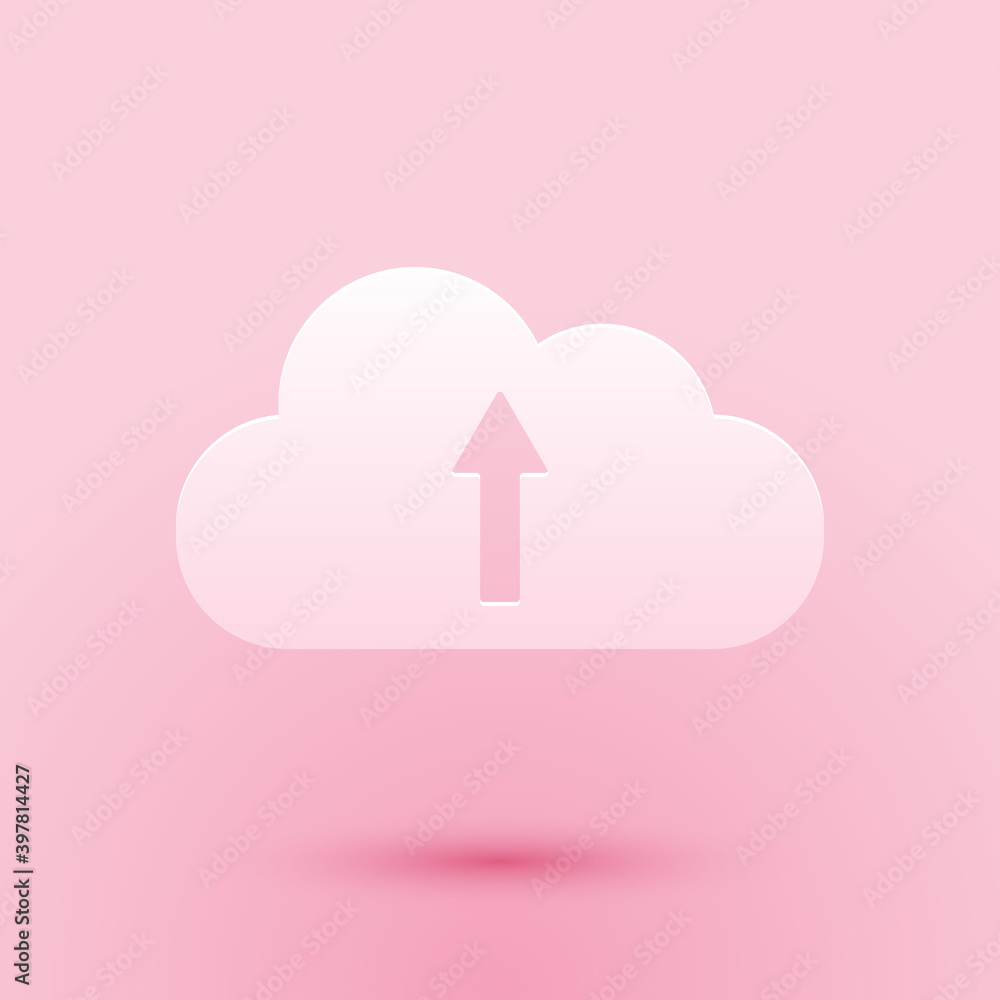 Paper cut Cloud upload icon isolated on pink background. Paper art style. Vector. Paper cut Cloud upload icon isolated on pink background. Paper art style. Vector.