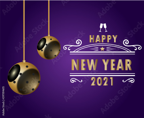 2021 happy new year  purple background with Gold colored with elements.