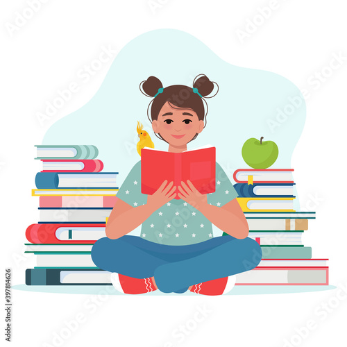 Cute little girl holding book in hands and is reading a book. Vector illustration in flat style