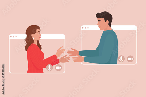 Loving couple in video call frames. Online dating, birthday, christmas, new year, valentines day. Meeting, video conference concept