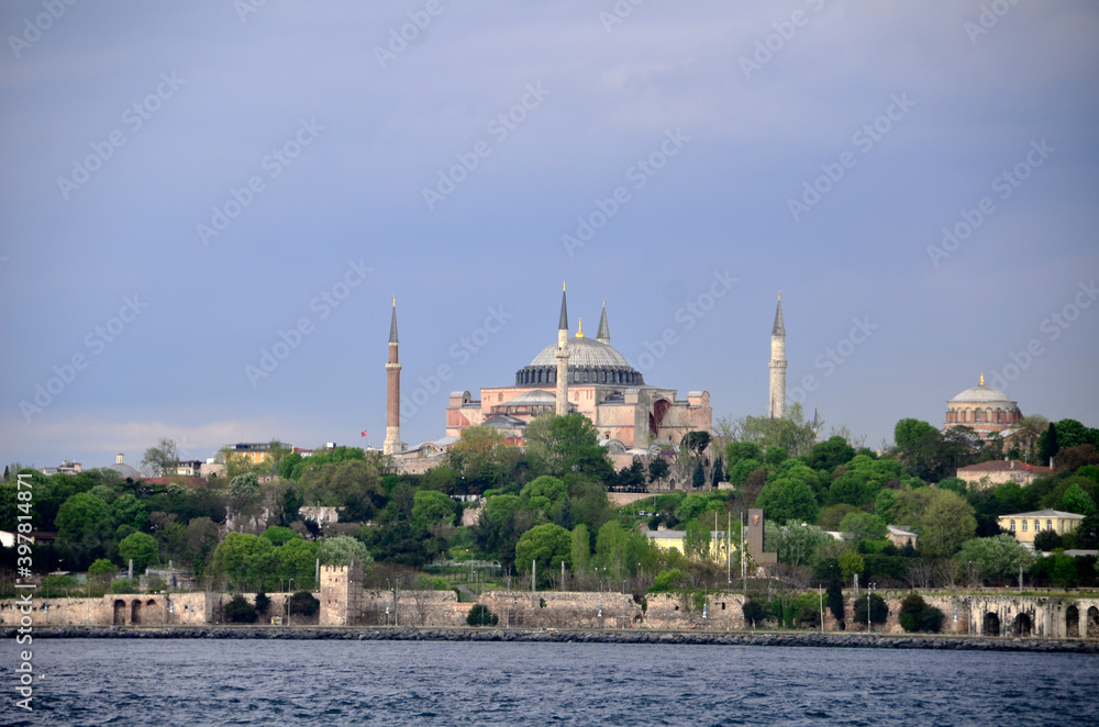 Hagia Sophia, is one of symbols of Istanbul, shot from boat which was on the sea.