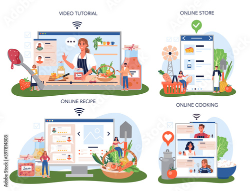 Farm product online service or platform set. Farming food production.