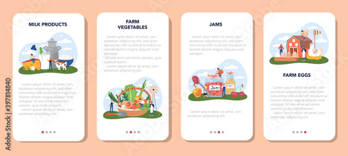 Farm product mobile application banner set. Farming food production.