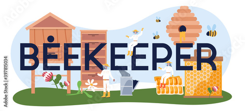 Beekeeper typographic header. Professional farmer with hive