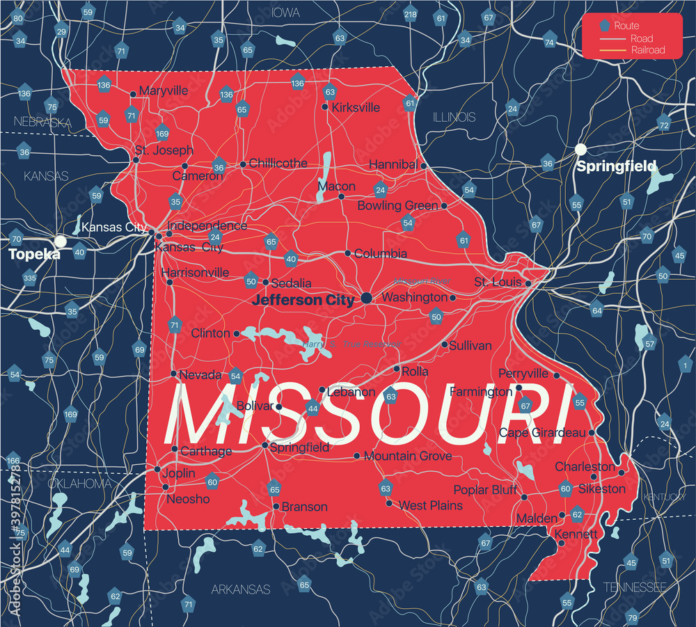 Missouri state detailed editable map with cities and towns, geographic sites, roads, railways 