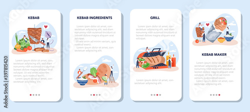 Kebab street food mobile application banner set. Chef cooking delicious roll